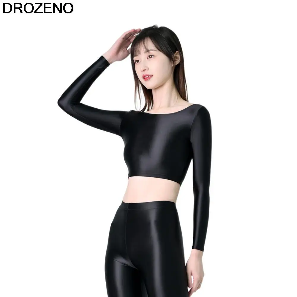 Stretch Sports Glossy Silky Bottoming Yoga Women's Thin Tight Midriff-Baring Long Sleeve Top