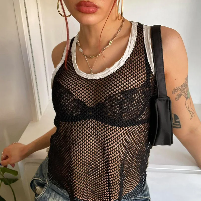

Black White Sexy Women Crop Top Harajuku Fashion See Through Summer Club Party Tank Tops Punk Street Casual Vest Tee