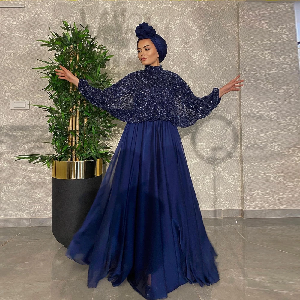 

Navy Blue High Neck Prom Dresses 2023 Long Sleeves A-Line Chiffon Evening Dress Sequined Pearls Wedding Party Gowns فستان سهرة