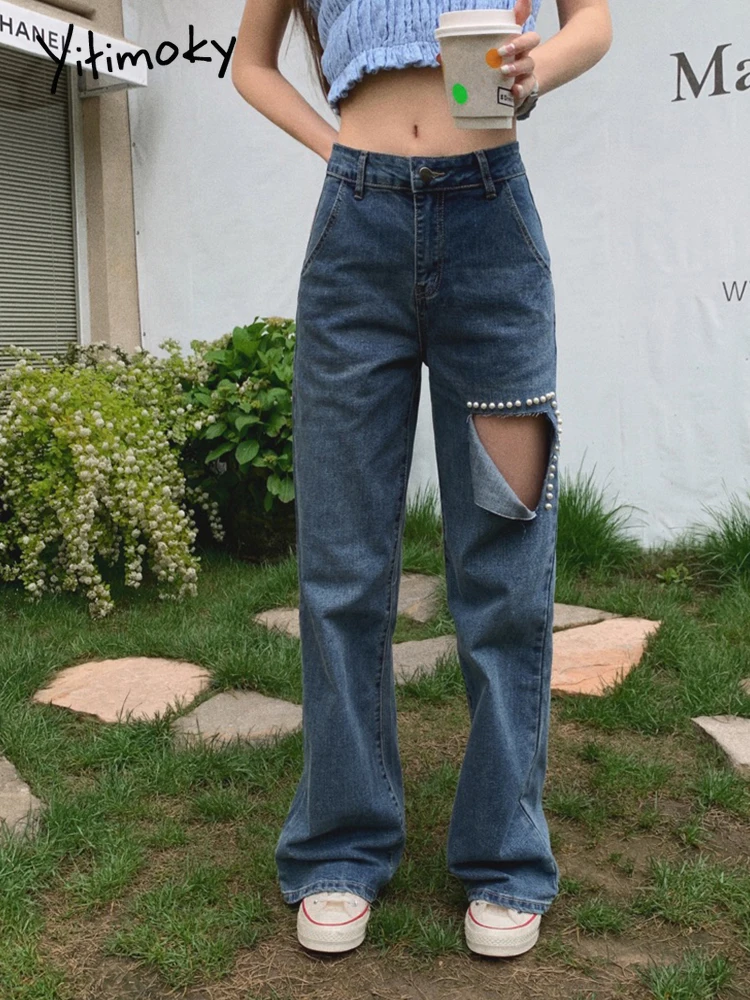 

Yitimoky High Waist 2022 Fashion Embroidered Flares Denim Pants Wide Leg Hole Pearl Jeans Vintage Quality Straight Flare Pants