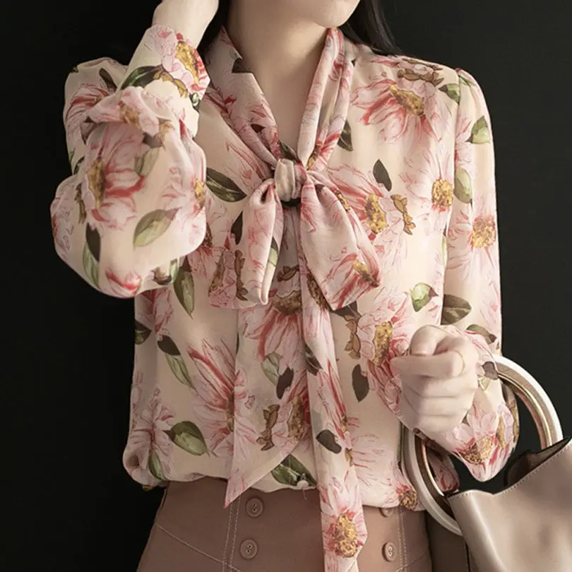 

Spring Fall Womens Top Chiffon Shirt Bow Collar Loose Floral Print Office Ladies Blouses Long Sleeve Fashion Blouse Blusas Mujer