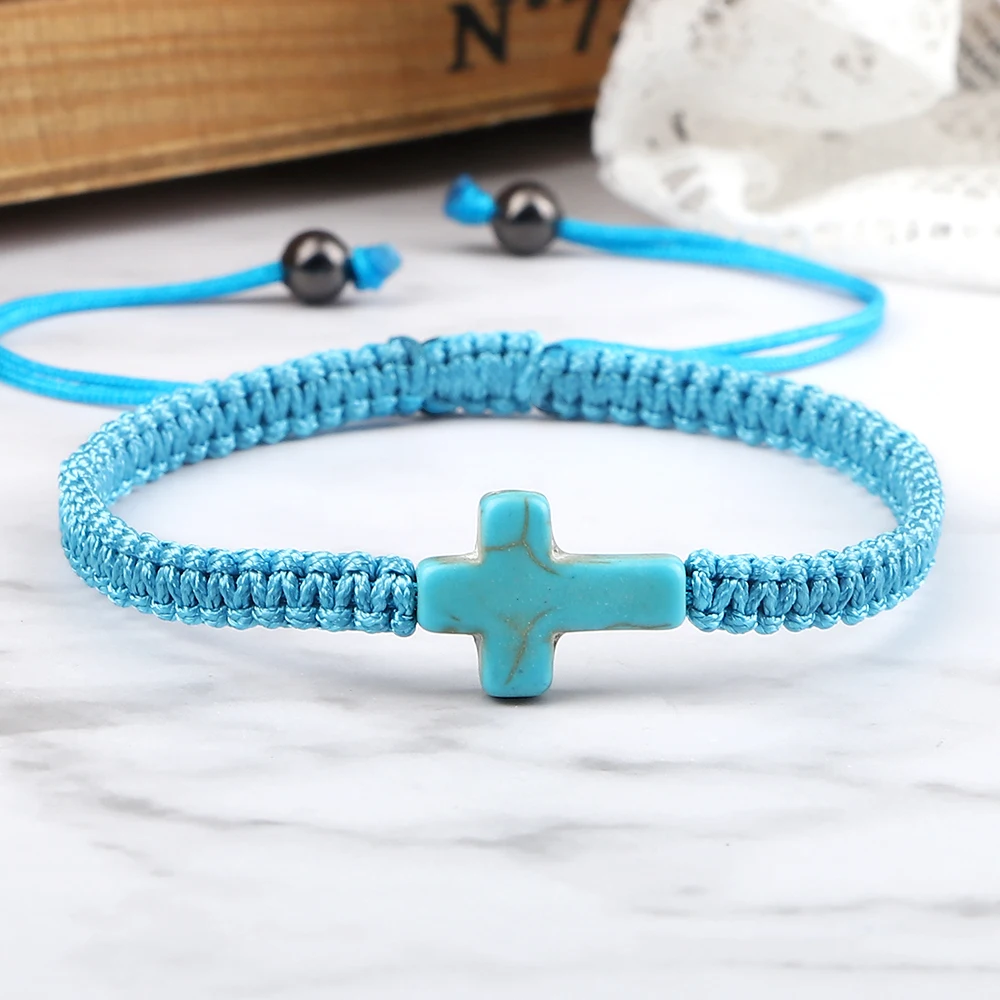 

Vintage Woven Rope Bracelet Multicolor Jesus Cross Natural Stone Charm Handmade Adjustable Pray Yoga For Woman Man Jewelry Gift