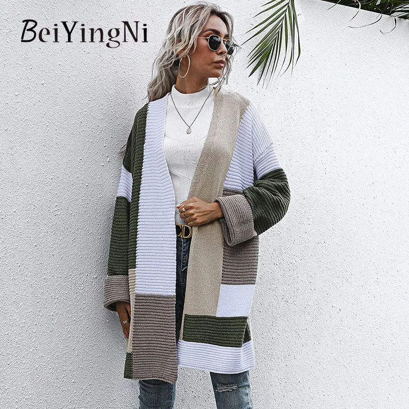 

Beiyingni 2022 Fashion Women Open Stitch Sweater Spell Color Long Sleeve Midi Female Cardigan Knitting Casual Loose Vintage Tops
