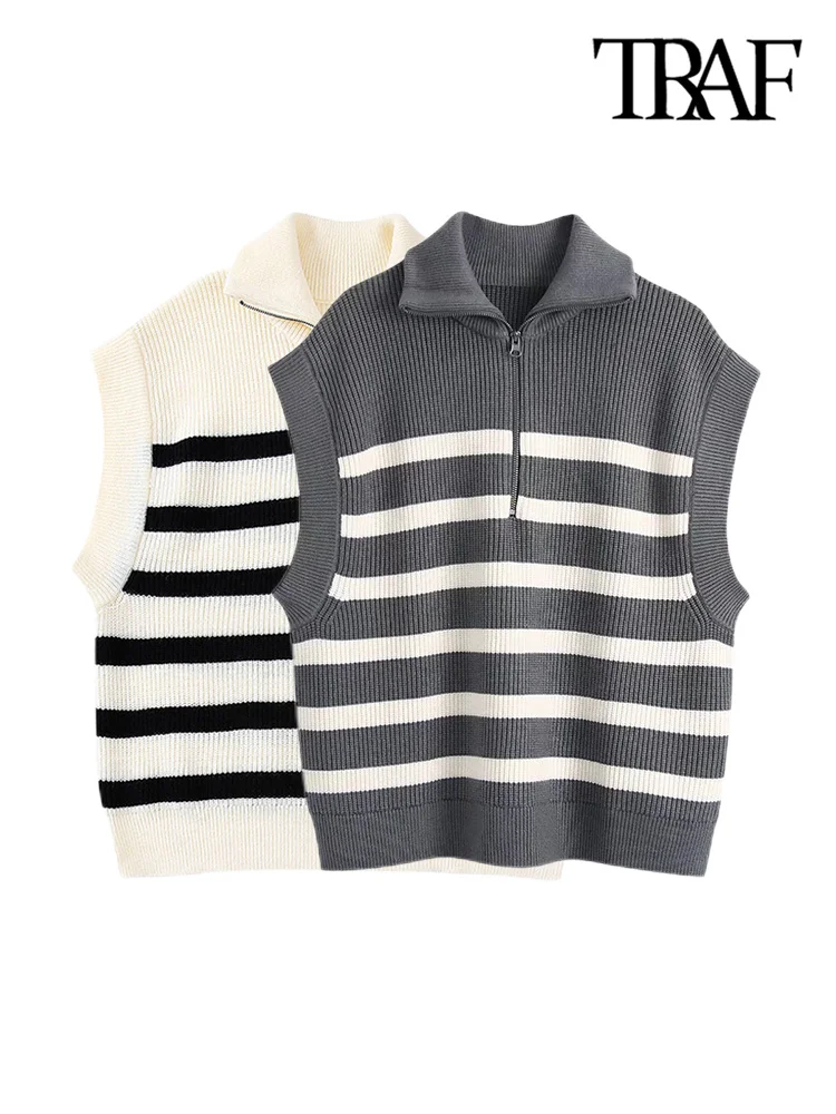 

TRAF Women Fashion Front Zip Loose Striped Knit Vest Sweater Vintage High Neck Sleeveless Female Waistcoat Chic Tops