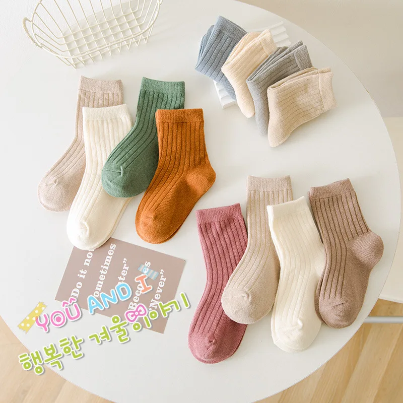 

4 Pairs/Lot Children Socks for Girls Boys Cotton Solid Color Spring Autumn Winter Kids Baby Mid Tube Socks Keep Warm Floor Socks