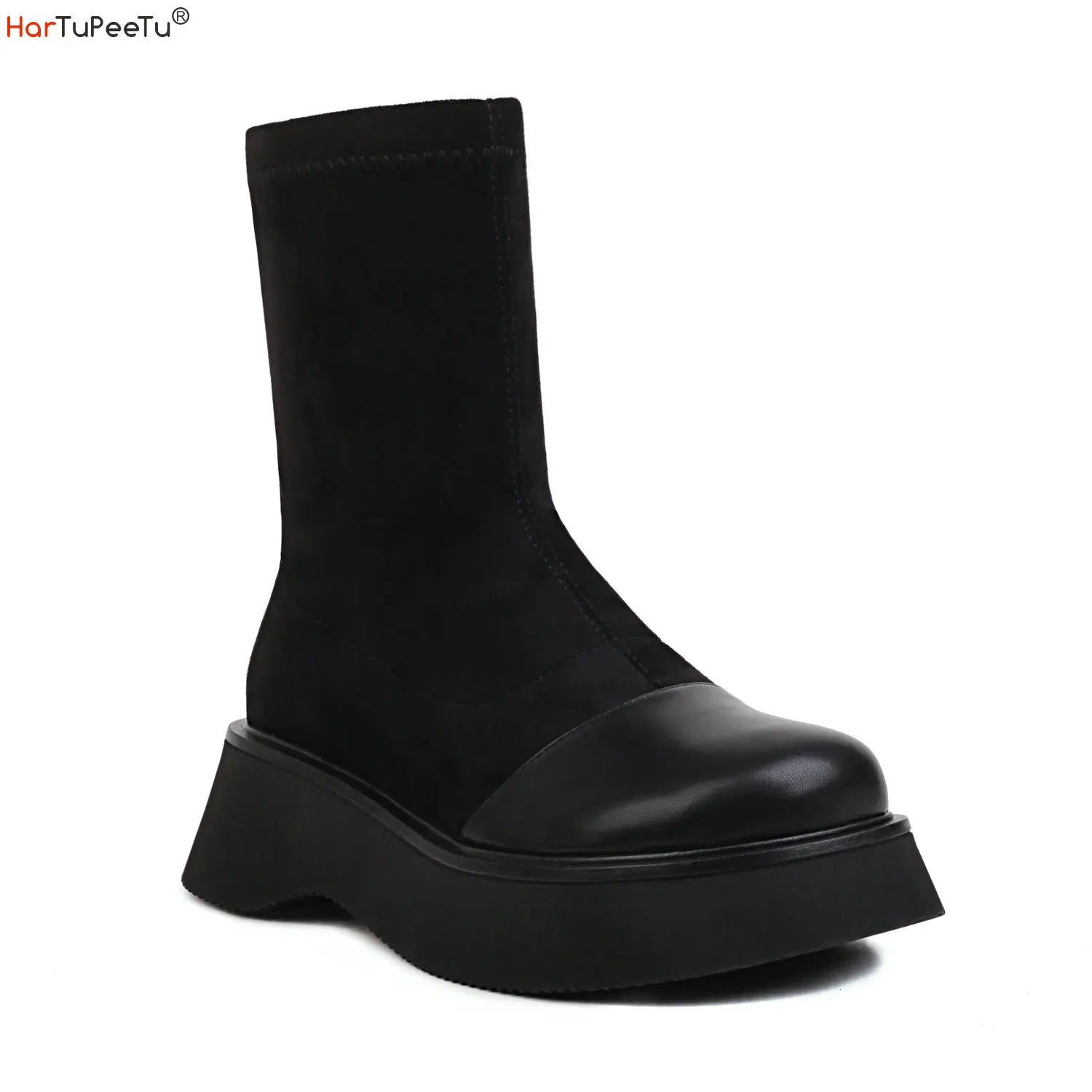 

Black Stretch Boots Women Thick Wedges Ankle Booties 2022 Autumn PU Patchwork Flock Punk Style Platform Shoes Botas Mujer
