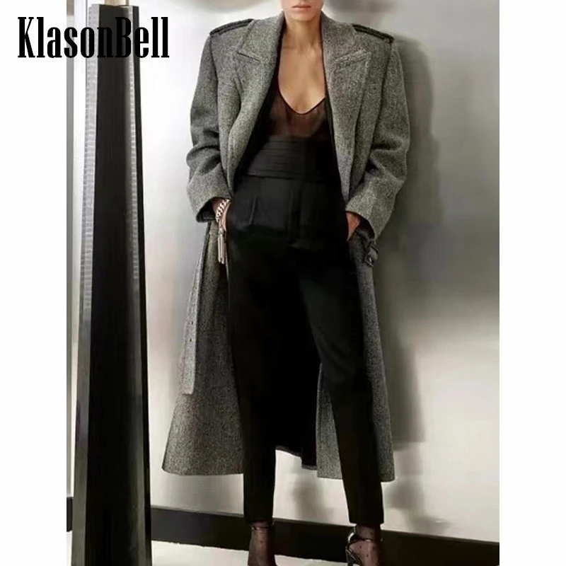 

10.4 KlasonBell Temperament With Belt Herringbone Midi Wool Coat Women