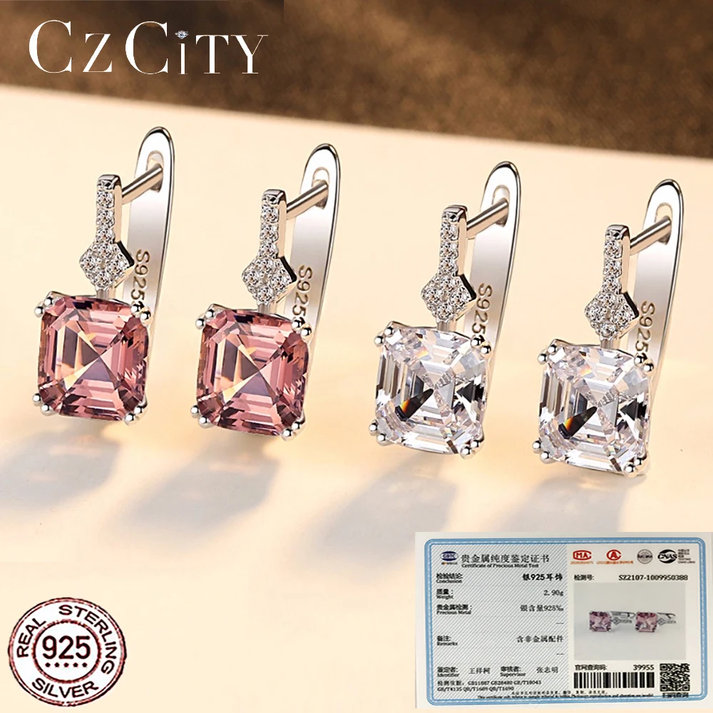 

CZCITY New Brand Created Nano Smoke /White Morgan Stone Gemstone Clip On Earrings For Women Luxury 925 Silver Cuff Earring Gifts