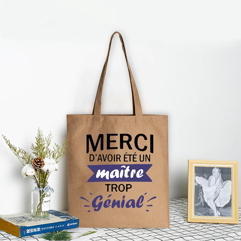 Merci Maitresse Cadeau Ecole Cute Fashion Women Canvas Shopping Bag Shoulder Bag Handbag Bags Storage Teacher Life Gift