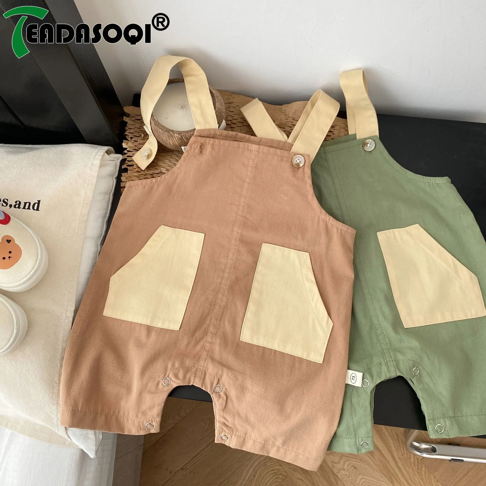 

Kids Baby Romper Cute Patchwork Color Blocking Cotton Overalls with Pockets for Infant Toddler Boys Girls, Newborn To 24 Months