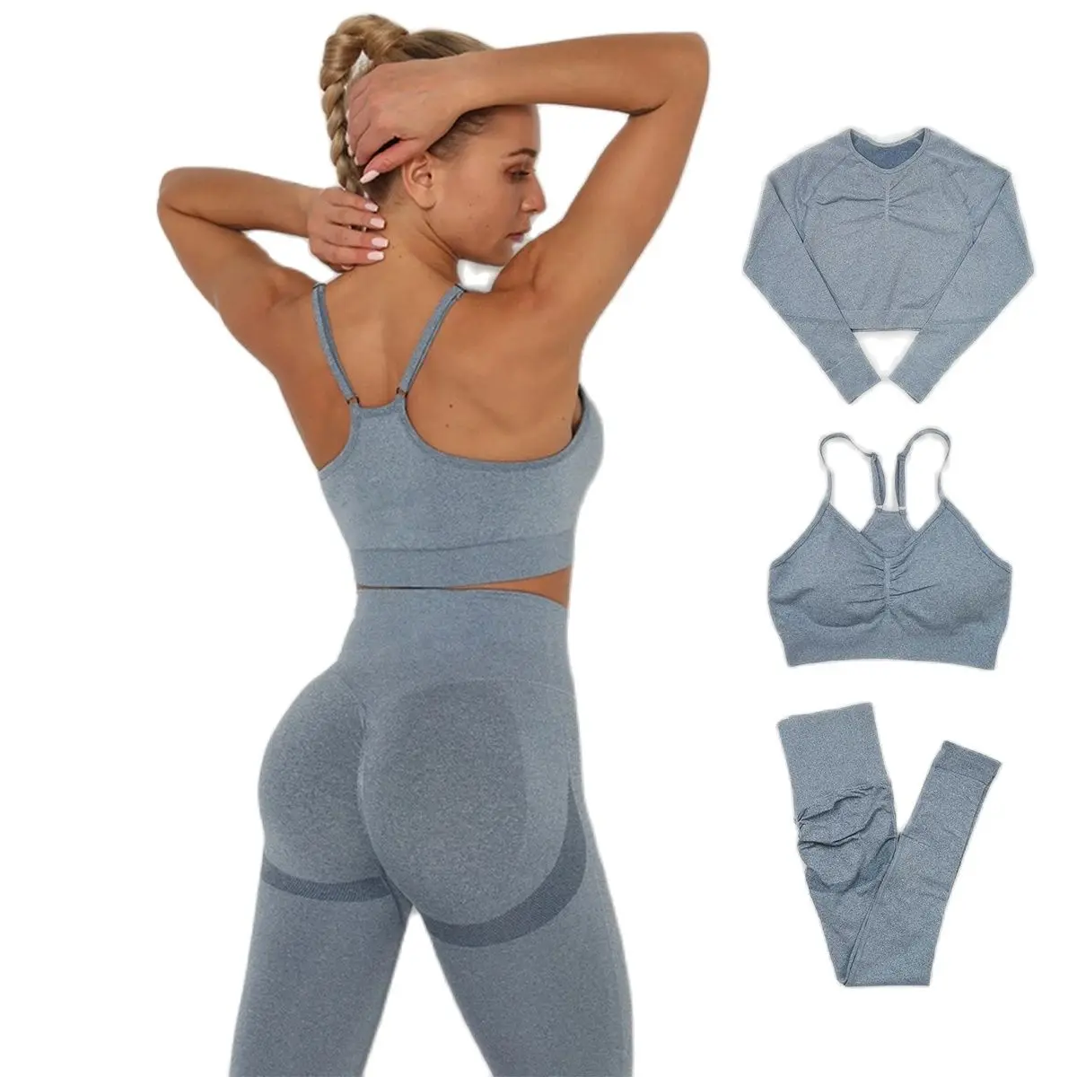 Женский бесшовный комплект для йоги из 2 предметов короткий топ с длинным рукавом