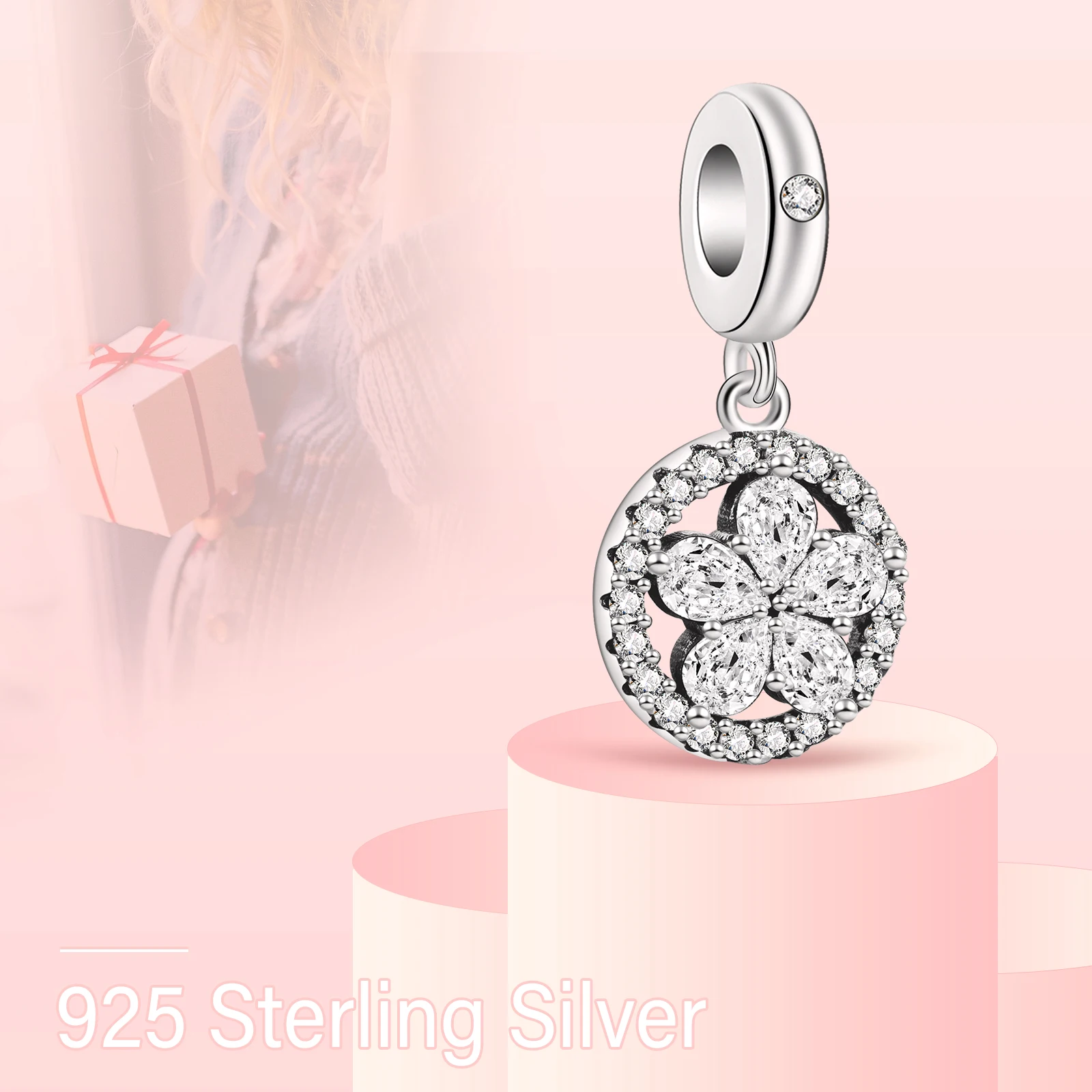

Erizteya Silver Zircon Five Petal Flower Round Charm Pendant Luxury Fits Bracelet Original Silver Plated For Woman Friend