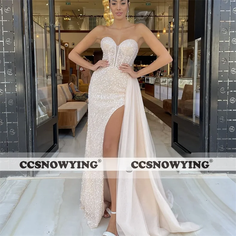 

Sparkly Sequin Mermaid Prom Dress Strapless with Slit Evening Dresses Women Formal Party Gowns Robes De Soirée