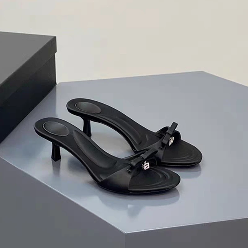 Summer New European and American Women's Bow Satin High Heels Rhinestone Letter Fashion Sandals