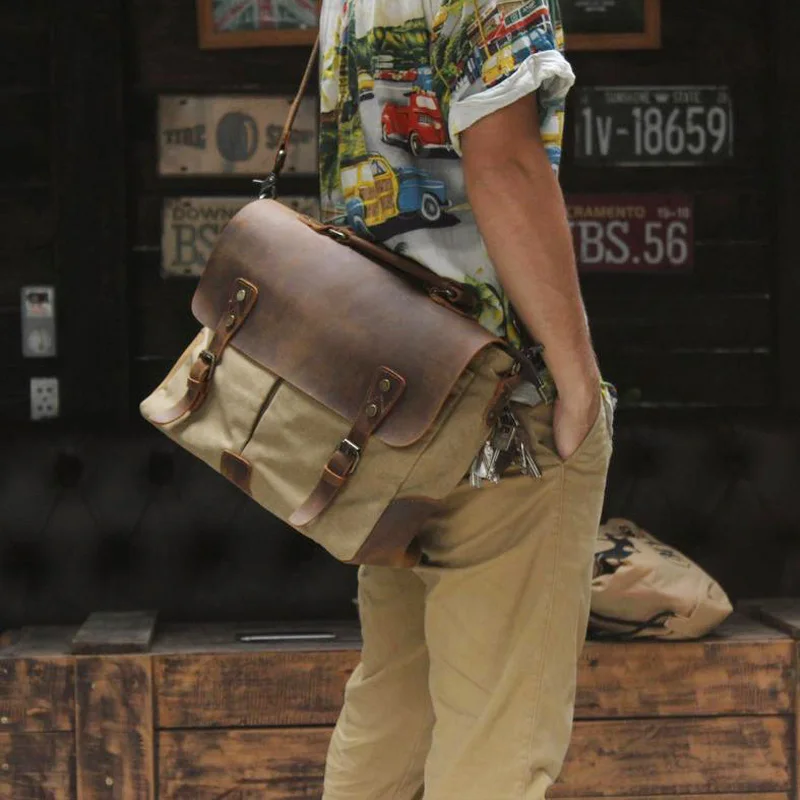 Business vintage high quality canvas genuine leather briefcase designer luxury office messenger ba outdoor travel laptop handbag