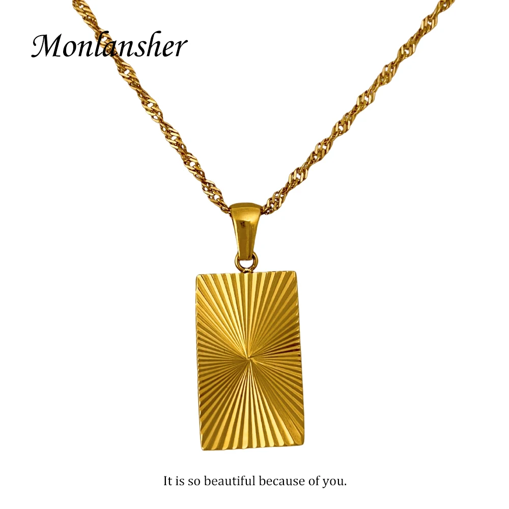 

Monlansher New Light Radiated Textured Square Pendant Necklace for Women Gold Color Stainless Steel Link Chain Necklaces Jewelry