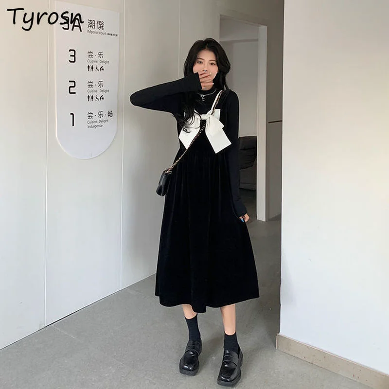 

Женское велюровое платье с круглым вырезом, элегантное черное платье до середины икры с длинным рукавом и бантом на бретельках, Офисная Мил...