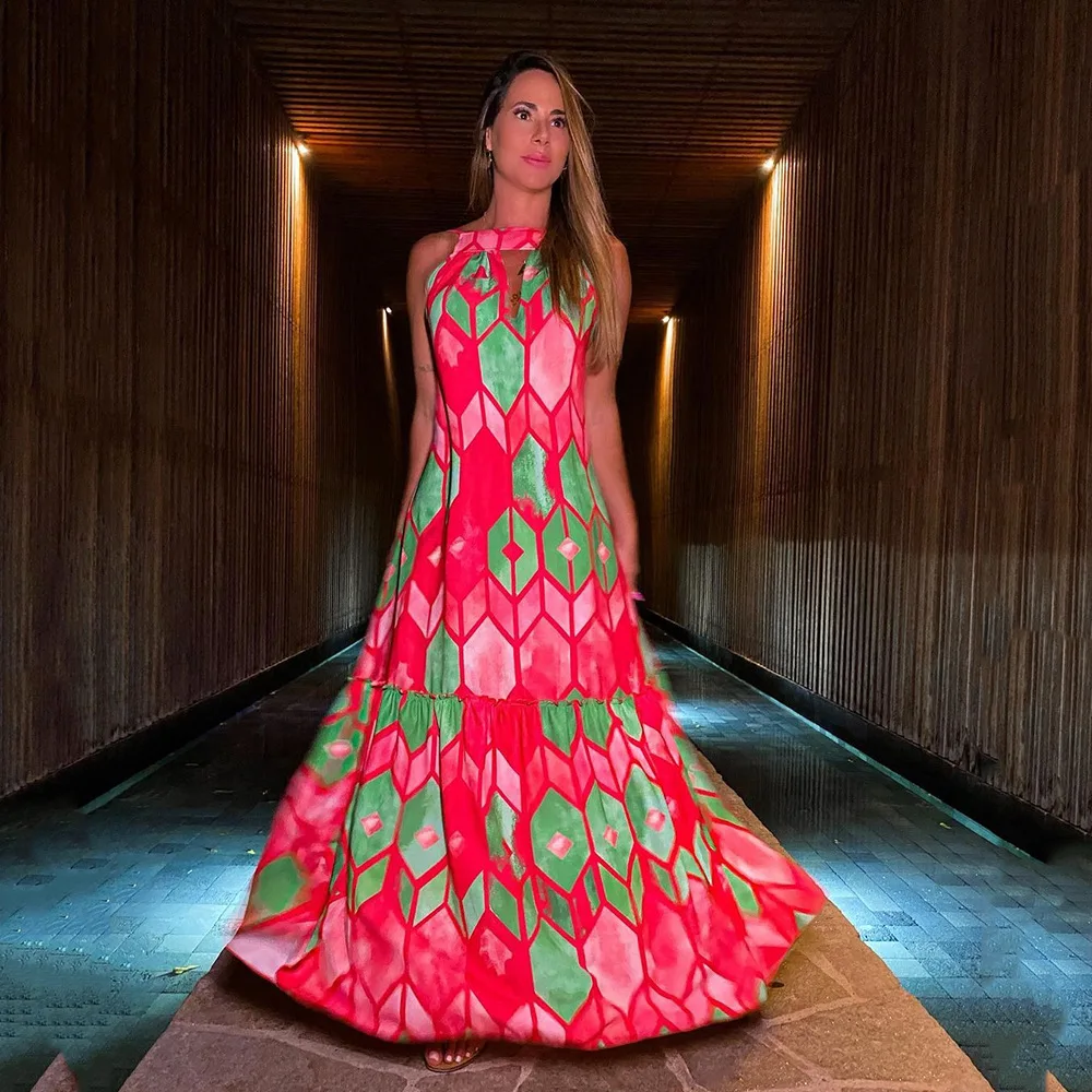 

2022 Spring/summer Woman Sleeveless Backless Dress Bohemian Floral Slip Long Dress