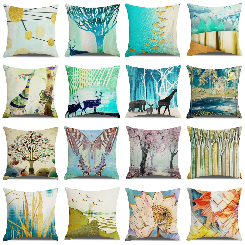 

Scenic Cushion Cover Animal and Plant Print Office Sofa Pillow Case Light Blue Series Home Decoration Throw Pillow Cover 45x45cm