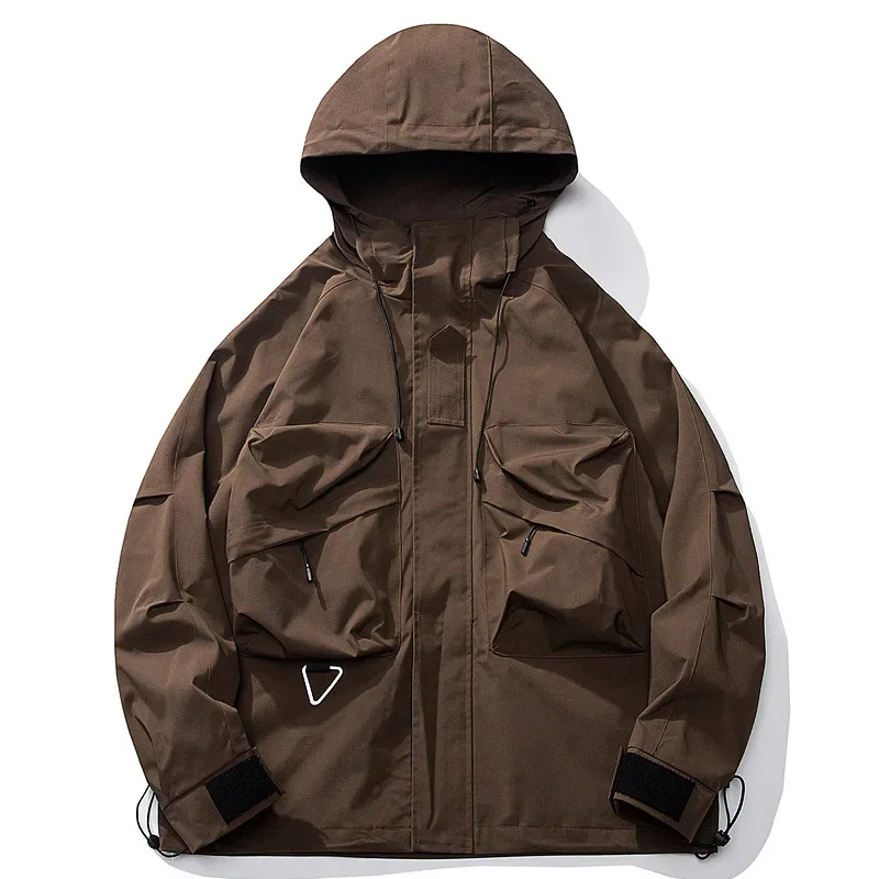 American Style Loose-fit Men's Hooded Work Jacket Multiple Pockets Trendy Color Fishing Camping Mountain Climbing Outdoor Wear