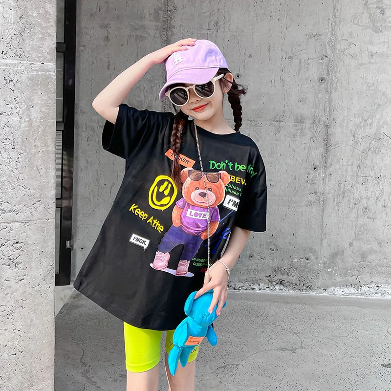 

Young Children Girl Summer Tops Cartoon Bear Casual Black White Cotton T shirts for 8 10 12 13 14 years