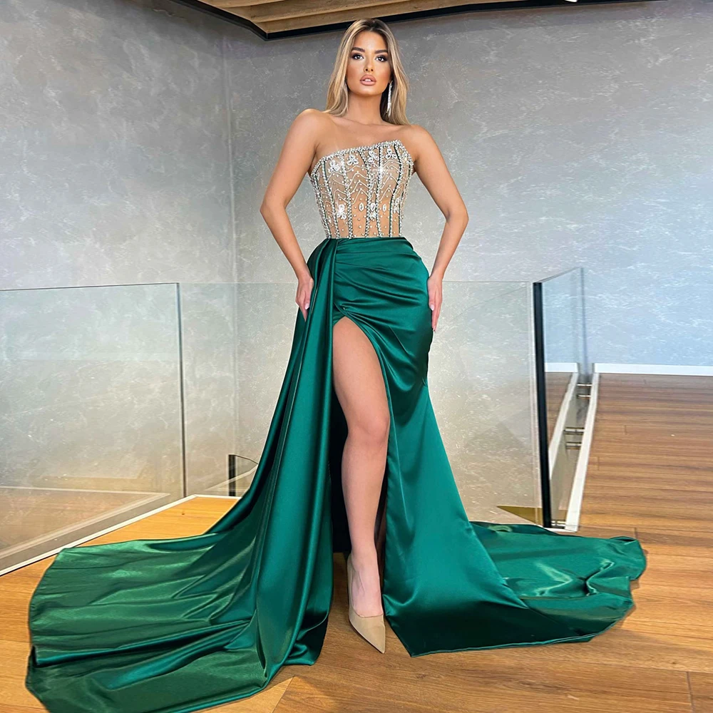 

Illusion Green Luxury Beading Evening Dresses 2022 Strapless Pleat Mermaid Prom Gown Sleeveless Slit Party Dress Robes De Soirée