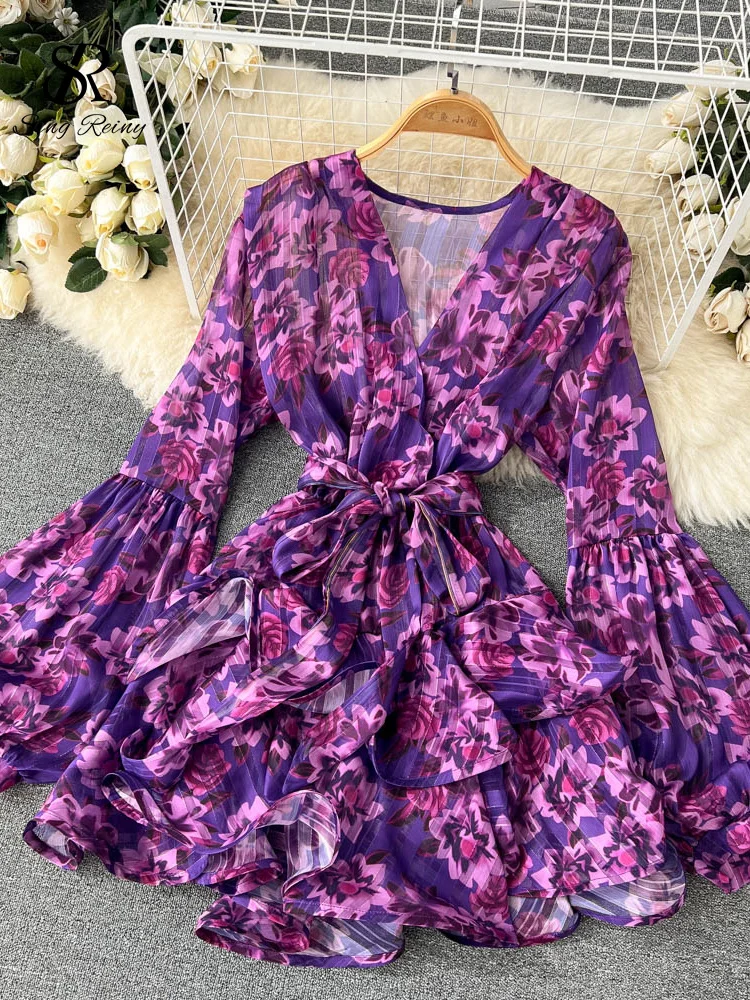 

SINGREINY Women Summer Floarl Print Dress 2022 French Style Sashes V Neck Chiffon Ladies Elegant bodycon dress maxi dress