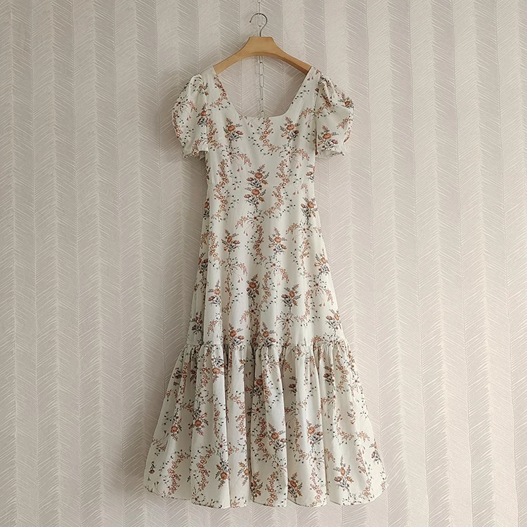 

Cotton Ruffles Women Long Dress Beige Sumemr Puff Sleeve Square Collar Floral Print Elegant Midi Party Lady Dresses Clothes