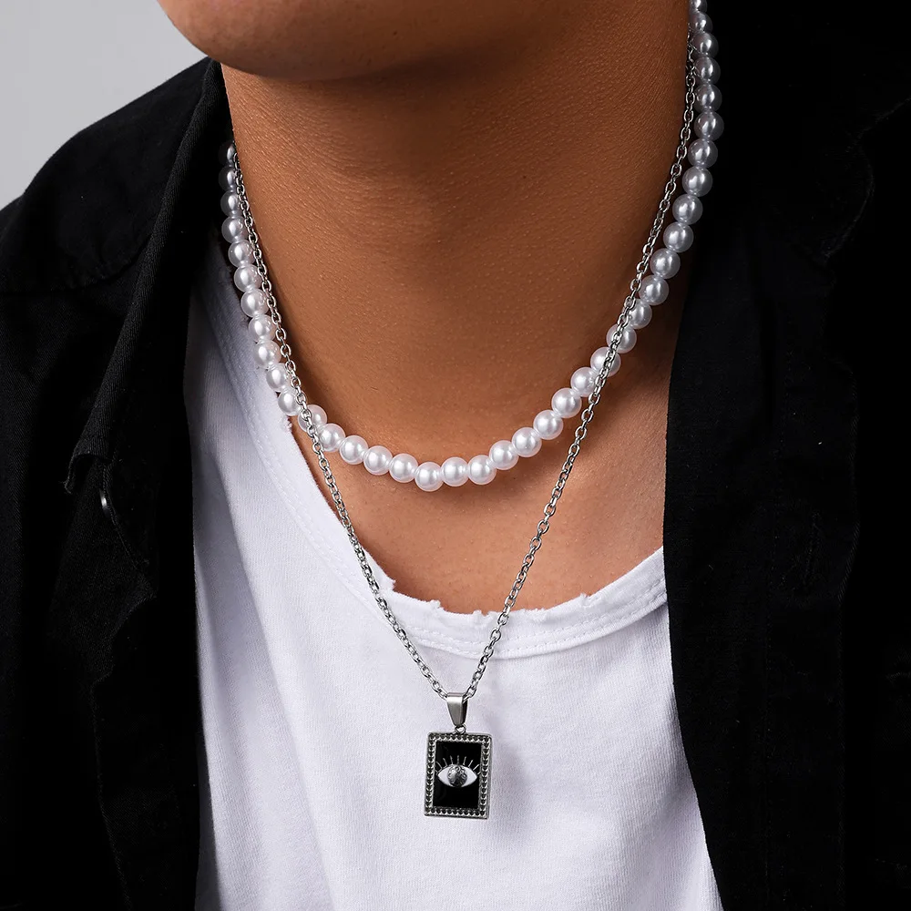

Stainless Steel Multi Layered Eye Evil Square Pendant Necklace for Women Men Freshwater Pearls Double Chain Necklace Gift Party