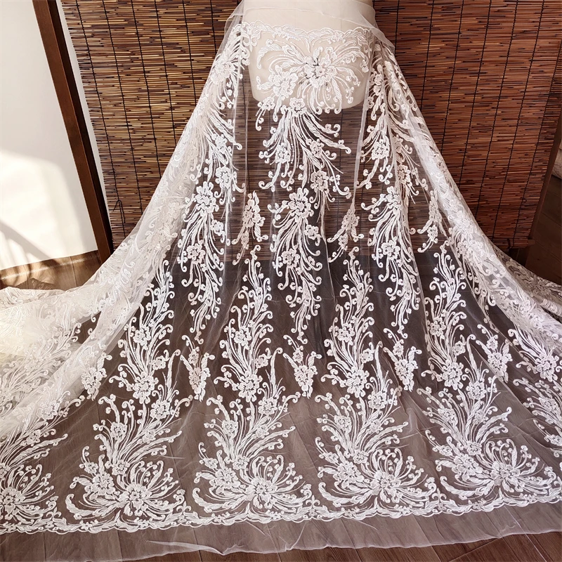 

New High-end Embroidery Firework Flower Lace Wedding Dress Trailing Veil Dress Skirt Bridal Lace Fabric Decoration DIY