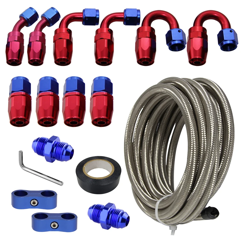 

Universal 16.4FT 5M AN6 Nylon / Steel Stainless Steel Braided Gas/Oil/Fuel Line + AN6 Hose End Fitting Kit Black / Silver