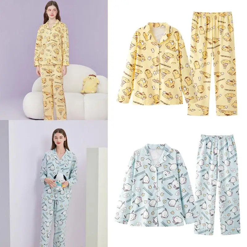 

Пижама Hello Kittys, Женский комплект домашней одежды Sanrios, аниме Kuromi Kawaii Мультфильм, весна-осень, чистый хлопок, с длинным рукавом, лето