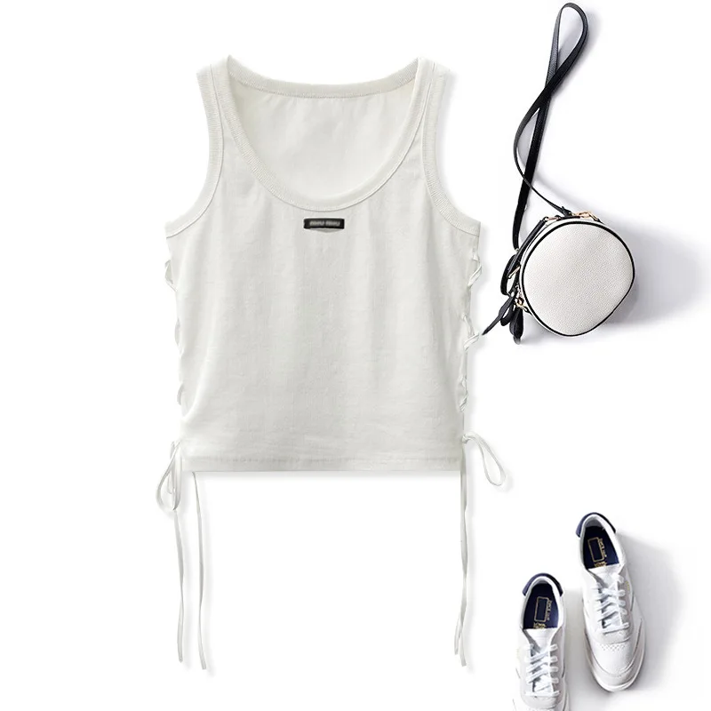 

Женский Короткий трикотажный жилет на бретельках, летний белый жилет с буквенным логотипом на шнуровке сбоку, новинка 2023