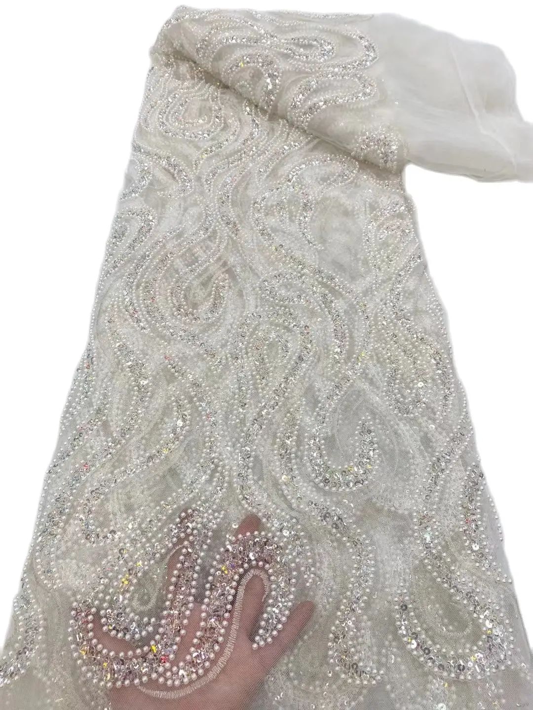 

African Embroidered Mesh Fabric with Pearls Shinny Sequins and Beads French Lace Fabric H-31.50901 for Party Dress