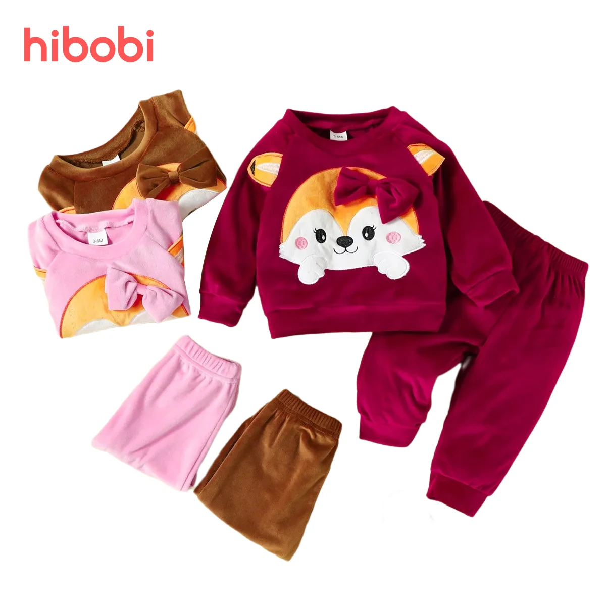 

Комплект одежды для маленьких девочек Hibobi из 2 предметов, однотонный топ с длинным рукавом и плюшевые штаны в стиле лисы и однотонные штаны, ...