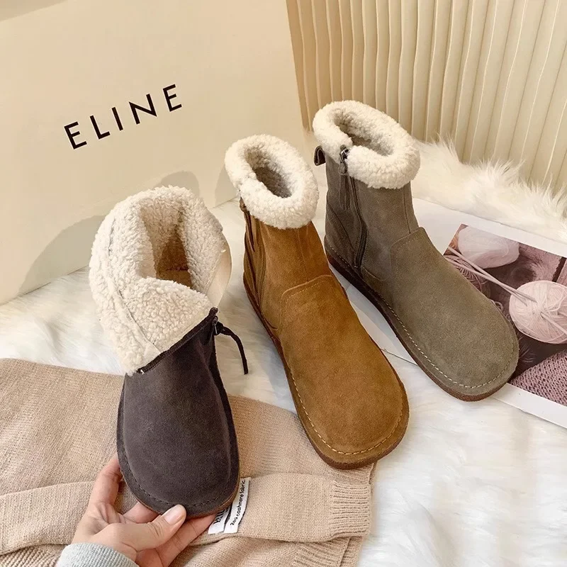 

Женские ботинки на плоской подошве, повседневные Нескользящие ботинки из хлопка, с плюшевой подкладкой, в стиле ретро, для отдыха на открытом воздухе, Осень-зима 2024