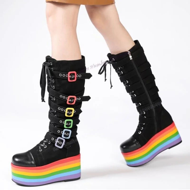 

Black Strappy Decor Platform Wedges Boots Mid Calf Cross Tied Round Toe Shoes for Women Patchwork Shoes 2023 Zapatos Para Mujere