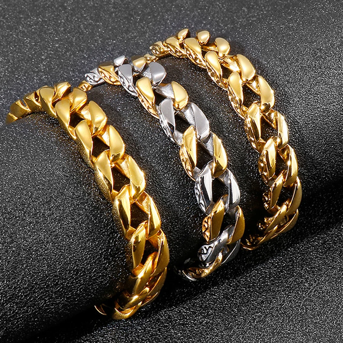 

12mm Wide Men Women Gold/Silver Color 316L Stainless Steel Curb Cuban Link Chain Bracelet Bangles Cool Jewelry 22cm