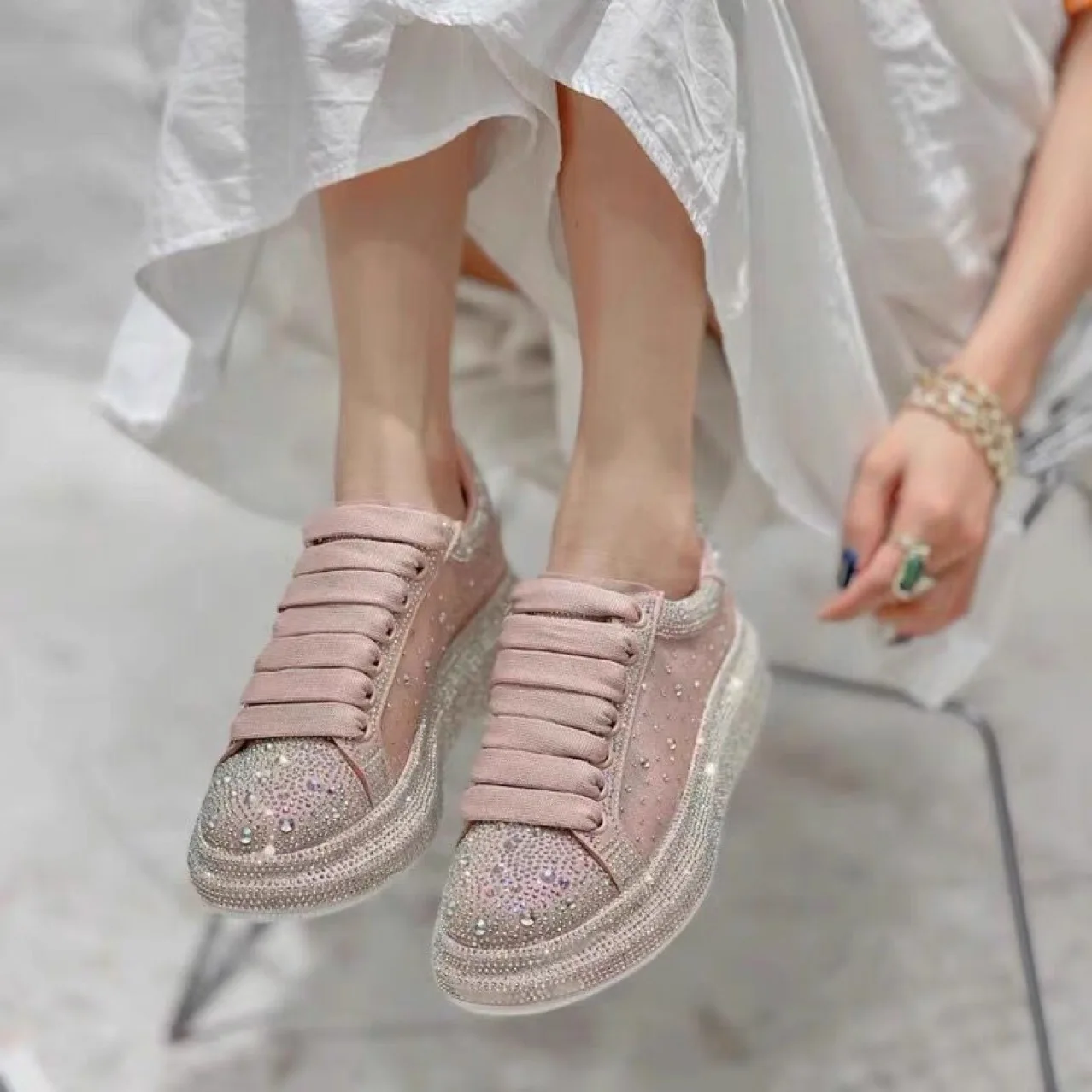 Shoes for Women Tennis Shoes Rhinestone Transparent Crystal Sneakers Women Thick Soles Non-slip Large Size Versatile Shoes 40-43