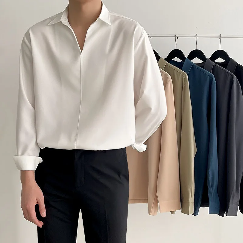 

2022 new men's loose pullover V-neck long-sleeved shirt Korean version trendy ruffian handsome silky drape shirt spring and autu