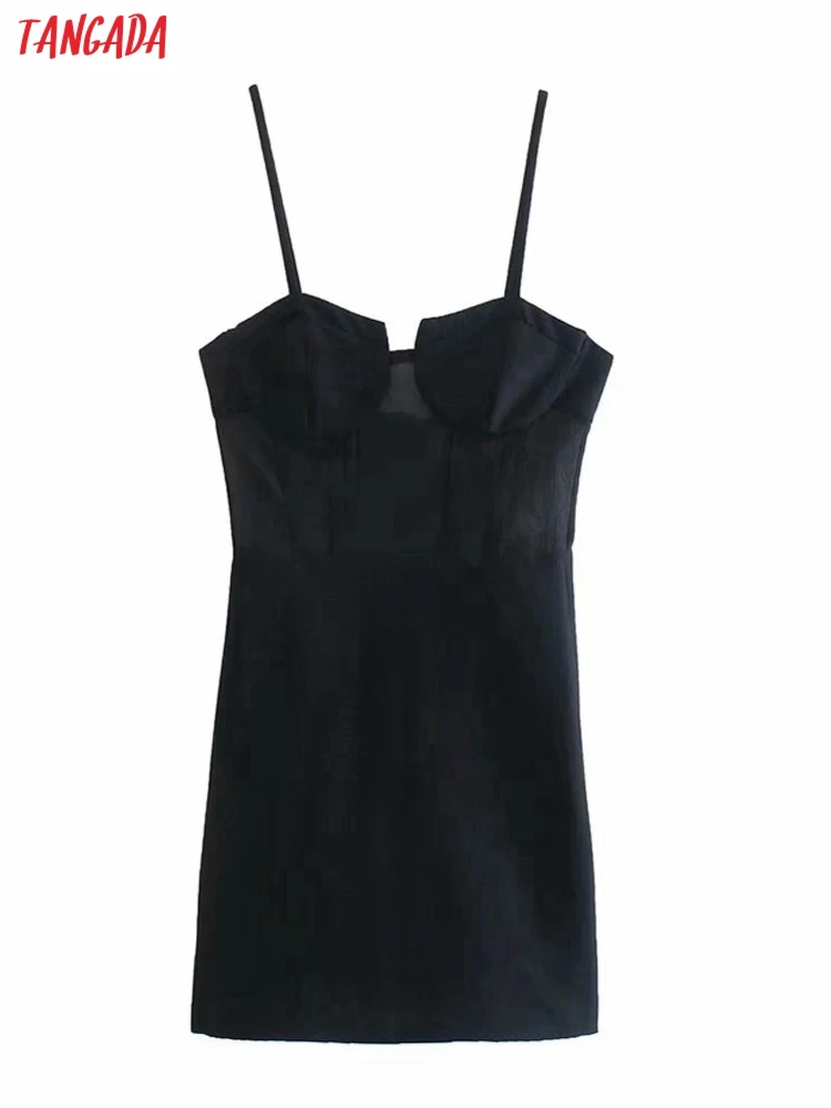 

Tangada Women's New Year Party Dress Solid Black Mesh Patchwork Strap Sleeveless Sexy Dresses 3H109