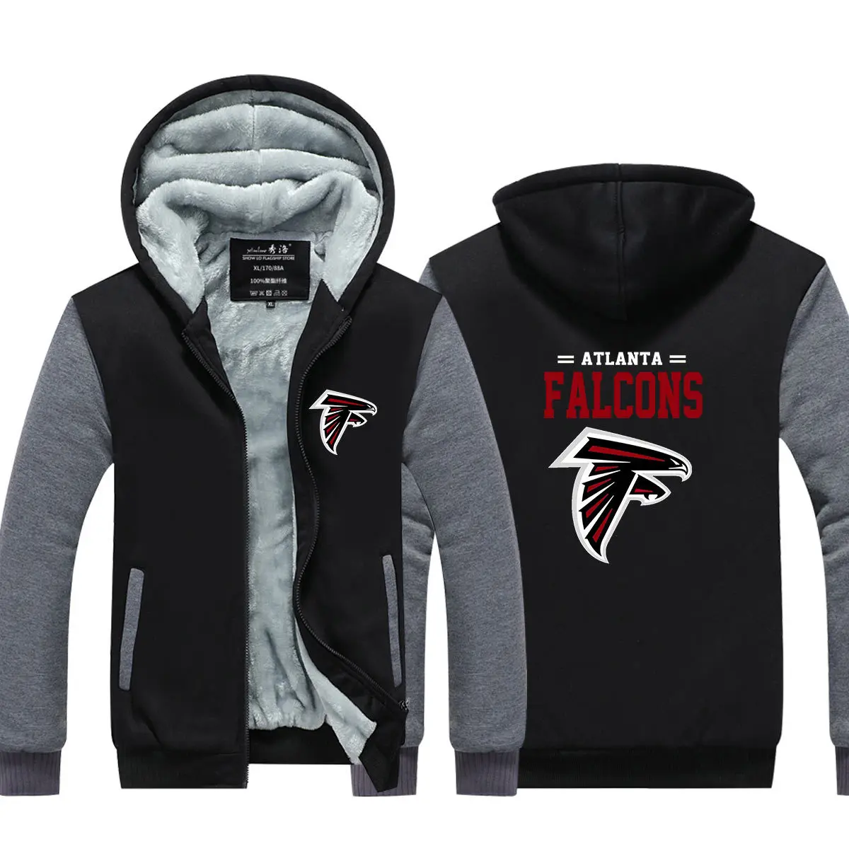 

Autumn Winter Men Casual zipper Hoodies Falcons Sweatshirt Pullover Plus thick velvet American football zip up Hoodie for Jacket