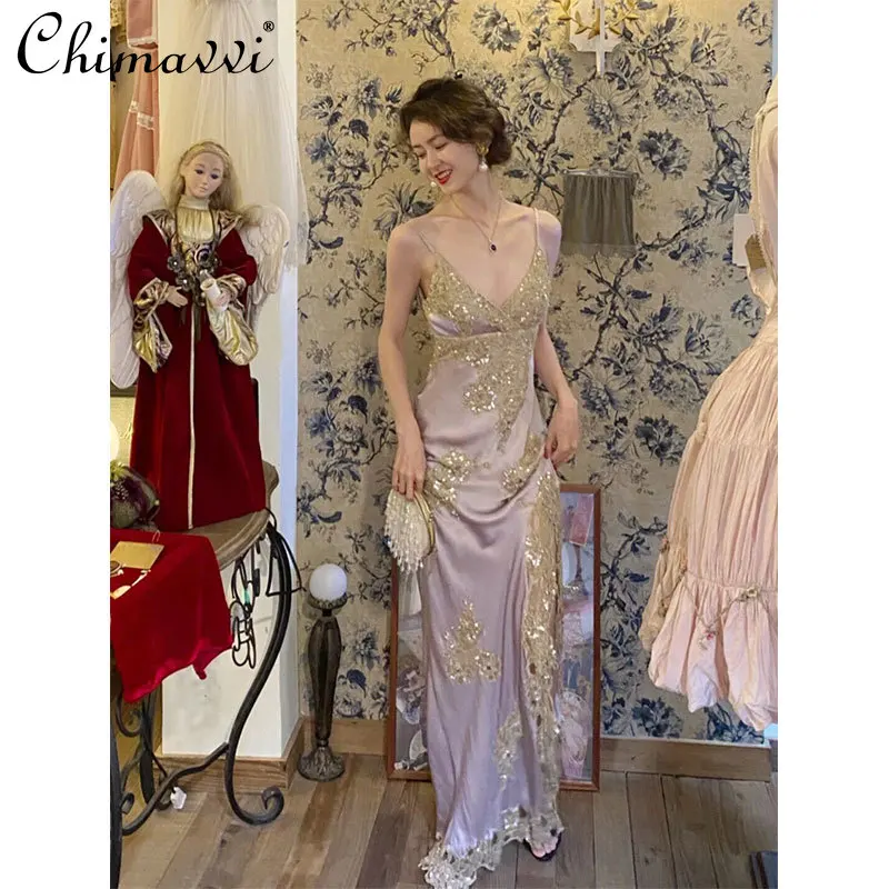 

Sexy Slip Dresses for Women 2022 Summer Clothes New Fashion High-end Elegant Socialite Slim Fit Split Mop Dress Gown Dress