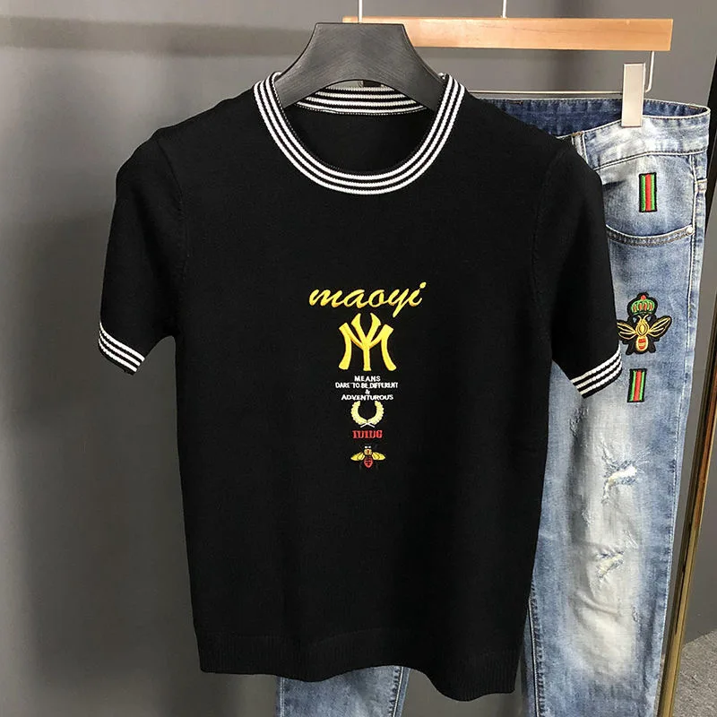 

2022 Summer Casual Men's Short Sleeve Knitwear T Shirt High Quality Jacquard Pattern Slim Korean Style Crew Neck Tee Shirt M-4XL