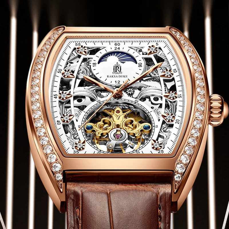 Classic Tunneau Tourbillon Watch Automatic Skeleton Mechanical Mens Business Watches W/ Diamond Rose Gold Relogio Masculino 2022
