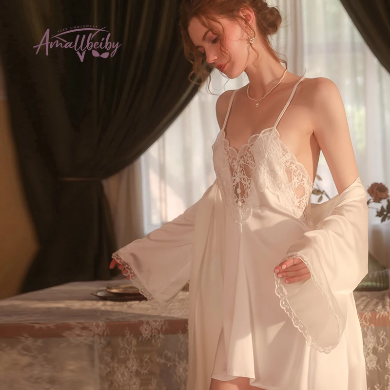 Элегантный шелковый халат пикантные ночные халаты для женщин кружевная ночная