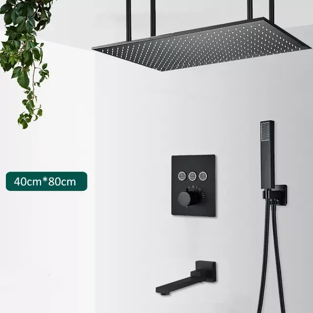 

Matte Black Thermostatic Shower Faucets Large Rain Waterfall Shower System Button Control Thermostatic Mixer Tap Ceiling Shower