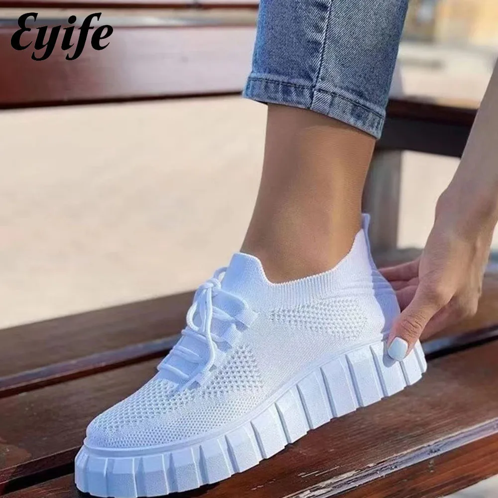 

Women's New Casual Shoes 2022 Autumn Knitted Fabric Ladies Lace Up Breathable Sneakers 36-42 Large-Sized Walking Sport Flats