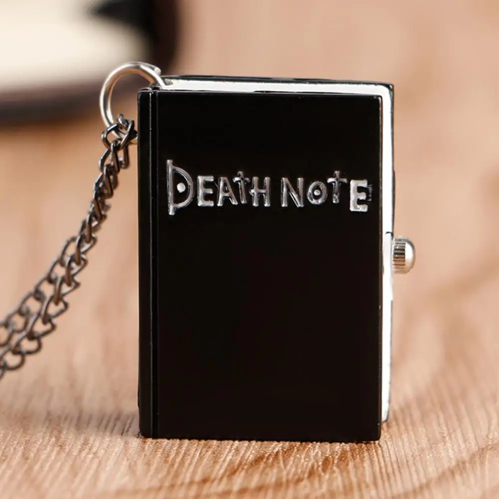 

Japanese Death Note Shape Black Suqare Quartz Pocket Watch For Men Small Little Necklace Children Deathnote Pocket Watch