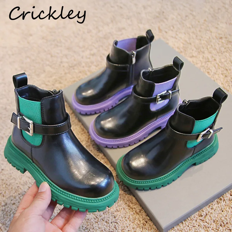

New Buckle Children Chelsea Boots Zipper PU Leather Girls Fashion Boots Spring Autumn British Style Anti Slip Kids Ankle Shoes